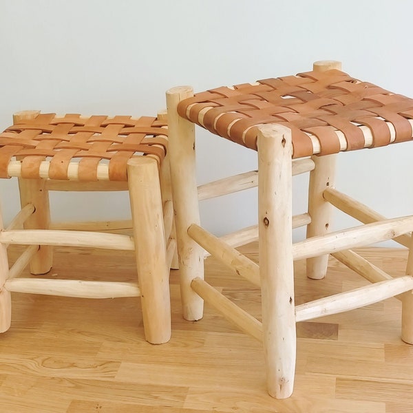 Tabouret marocain bois et cuir