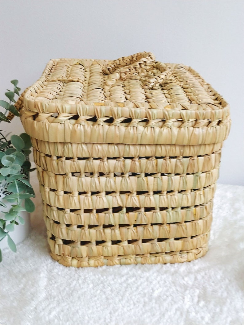 Petite malle de rangement, Vanity vintage en feuilles de palmier, panier osier image 3