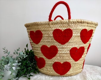 Panier en osier, Panier en paille brodé de coeurs rouges, panier de marché, panier de plage brodé de coeurs