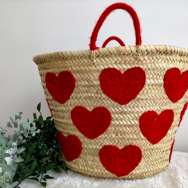 Wicker basket, Straw basket embroidered with red hearts, market basket, beach basket embroidered with hearts