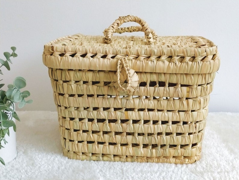 Small storage trunk, vintage vanity in palm leaves, wicker basket image 1