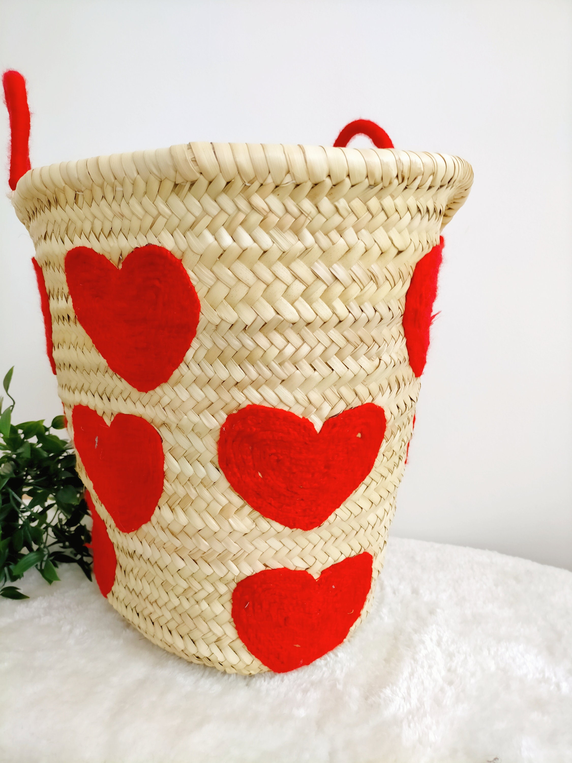 Wicker Basket Straw Basket Embroidered With Red Hearts Etsy