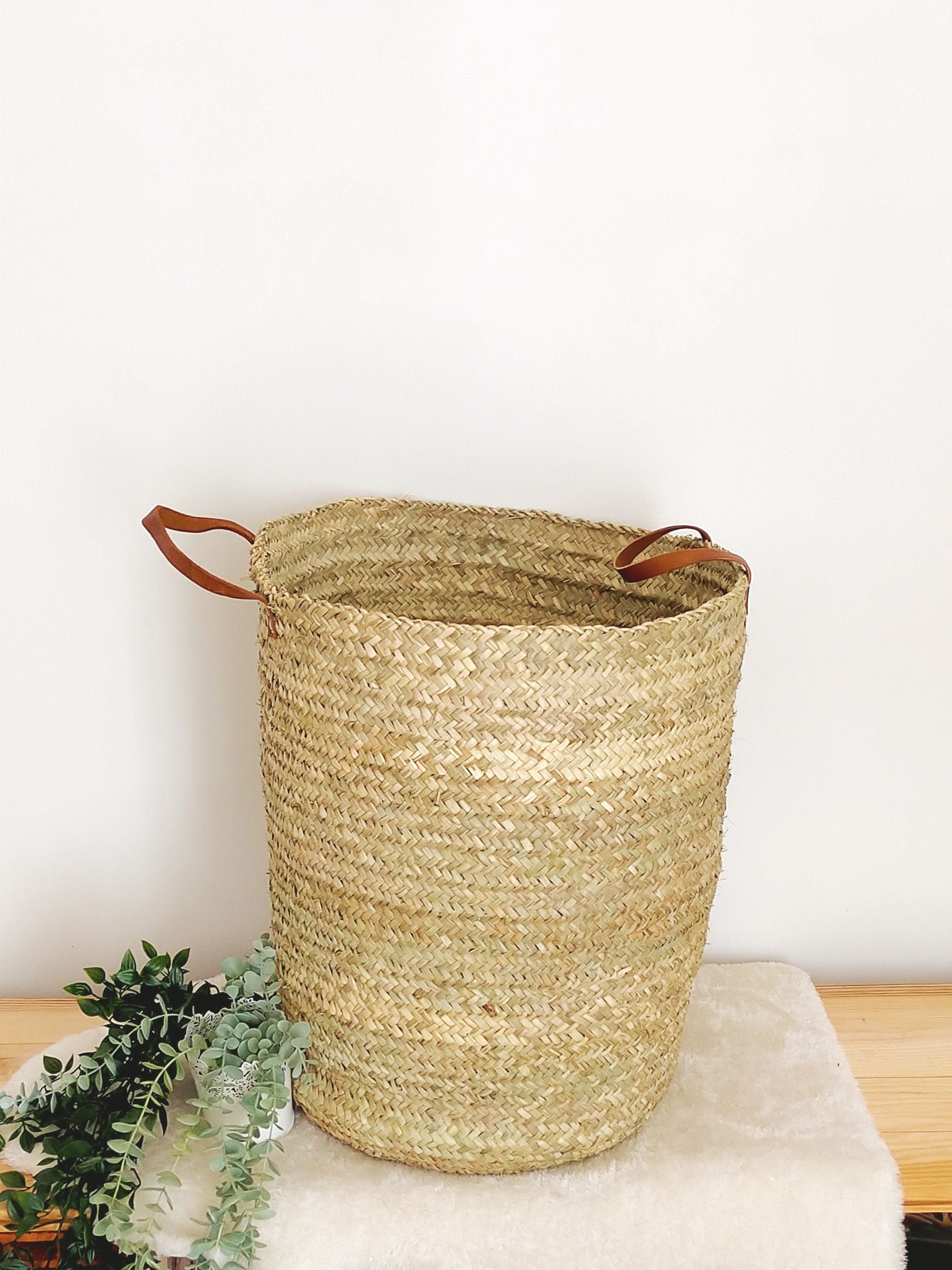 Wicker Laundry Basket, Large Braided Palm Basket With Leather Handles,  Wicker Storage Basket 