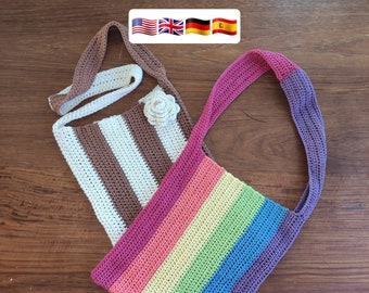 Crochet pattern Tote Bag with stripes, Crochet pattern boho bag with straps, Crochet pattern Tote Bag in one piece for beginners