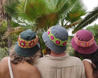 Bucket hat sombrero de pescador con cinta crochet diseño retro red gris verde olivo