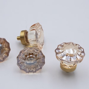Ribbed Glass Drawer Knob: Clear Amber with Brass Base