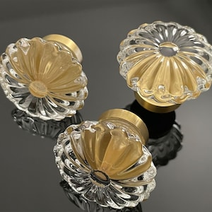 Crystal Glass Drawer Knob: Ribbed Brass Base, Mid Century Modern