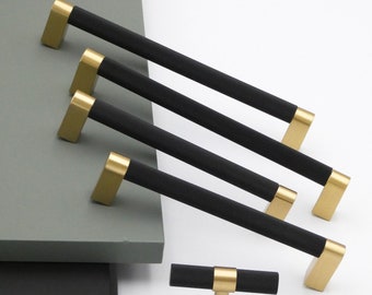 Black & Gold Knurled Brass Cabinet Pulls: Modern Bar Handles