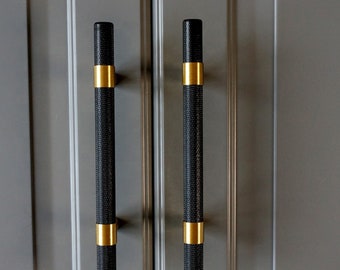 Textured Black & Gold Brass Cabinet Pulls - Knurled Bar Handles