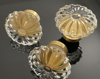 Crystal and Brass Round Drawer Knob, Crystal Glass Cabinet knob with Solid Brass Base, Ribbed Glass Cabinet Knob, Mid Century Knob