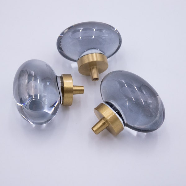 Black Glass and Brass Drawer Knob, Crystal Glass Cabinet knobs with Solid Brass Base, Black and Clear Transparent Glass Cabinet Knobs