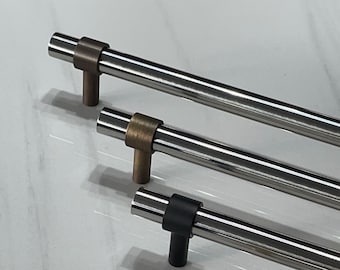 Stainless Steel and Brass Kitchen Cabinet Pulls Knobs T Bars, Modern Cabinet Handles for Kitchen, Bathroom