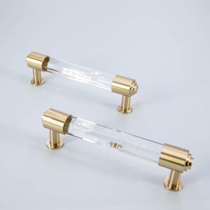 Transparent Acrylic and Polished Brass Square Cabinet Knobs and Elegant Drawer Pulls