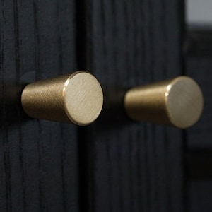 May include: Two gold-toned cabinet knobs with a cylindrical shape and a slightly rounded top. The knobs are mounted on a black wooden cabinet door.