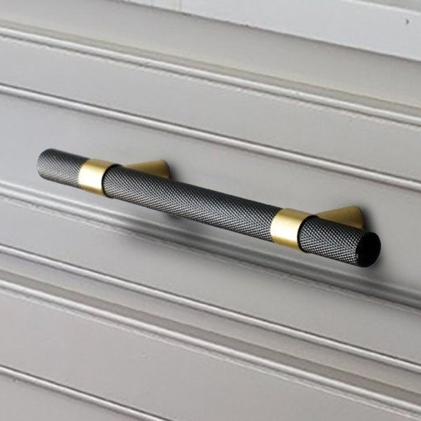 Knurled Black and Gold  - Solid Brass Pulls, Knurled Cabinet Handles, Kitchen Cabinet Hardware