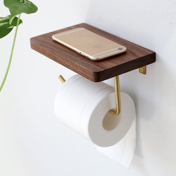 Wood and Brass Toilet Roll Holder & Shelf Toilet Paper Holder With Brass Handle - Toilet Paper Storage Bathroom Décor