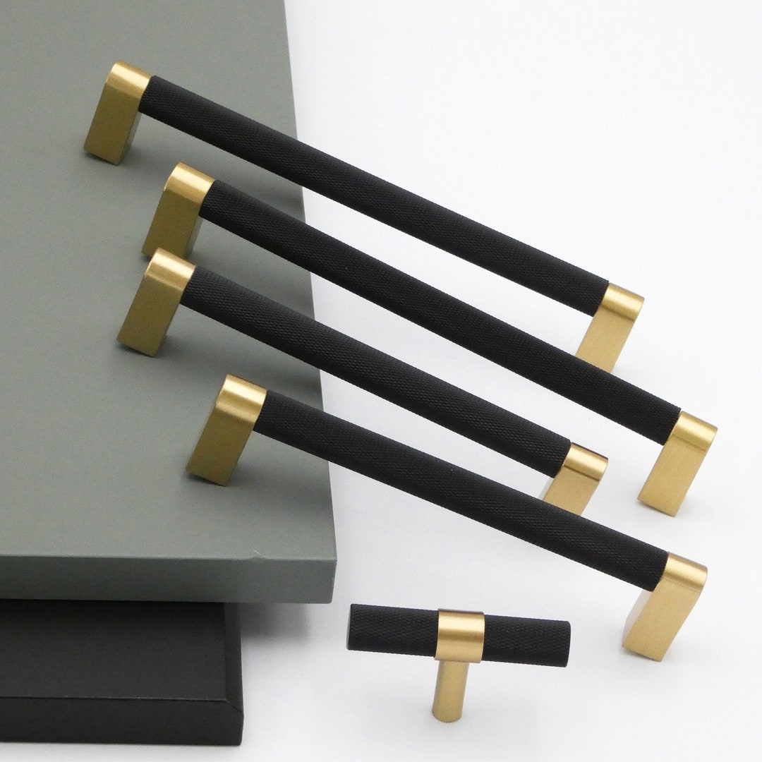 Black and Gold Knurled Brass Pull, Knurled Handles, Solid Brass