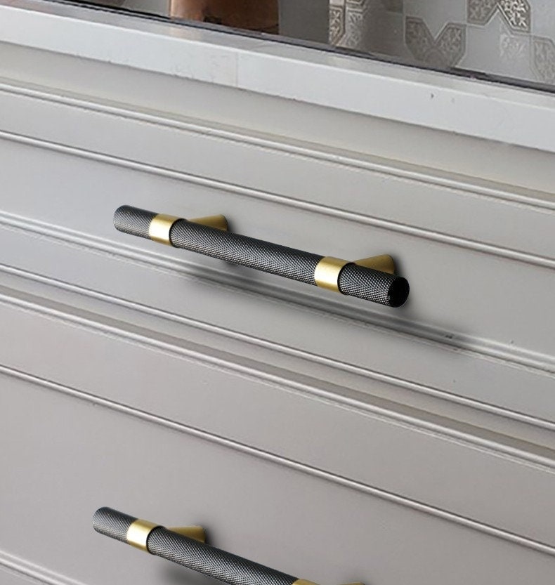 Knurled Black and Gold  - Solid Brass Pulls, Knurled Cabinet Handles, Kitchen Cabinet Hardware