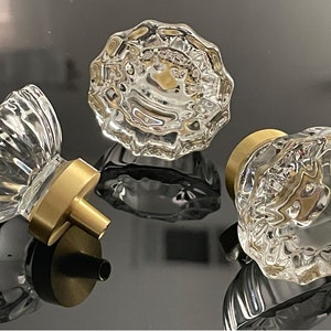 Ribbed Glass Drawer Knob: Brass Gold Cabinet Hardware