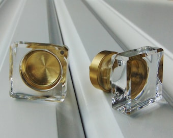 Crystal and Brass Drawer Knob, Gold Clear Dresser Knob, Square Cabinet Knob