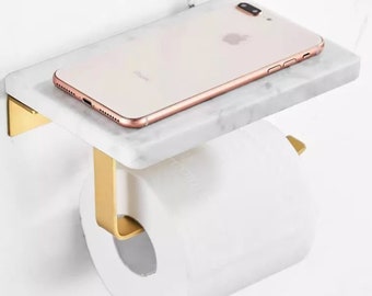 Marble and Solid Brass Toilet Roll Holder & Shelf Toilet Paper Holder - Toilet Paper Storage Bathroom Décor