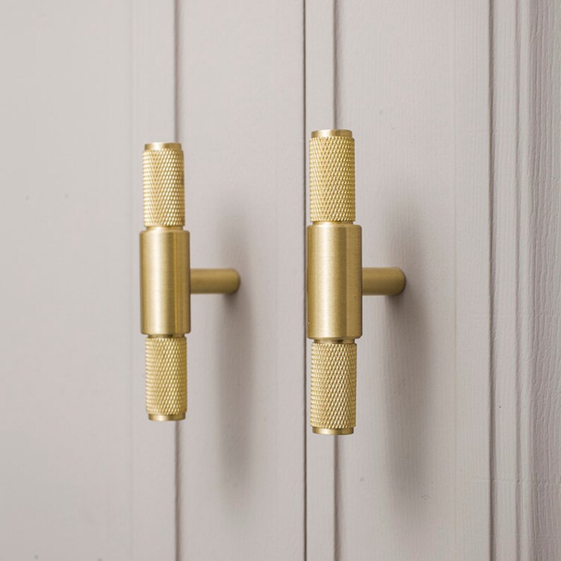 Solid Brushed Brass Textured Knurled Cabinet Pulls Brass Drawer Handles, and Brass Cabinet Handles 3" T- BAR