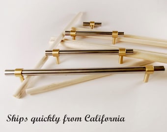 Modern Solid Brass and Stainless Steel, Silver and Gold Cabinet Handle, Drawer Pull, Kitchen Cabinet Knob