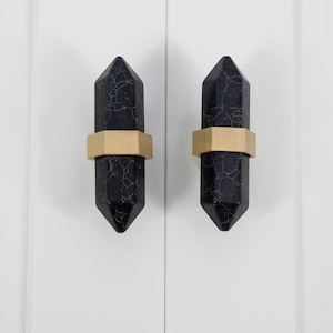 Black Marble with White Accents Brass Dresser Knob, Stone Wardrobe Pulls, Marble Cabinet Knobs