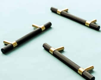 Black and Gold Knurled Brass Cabinet Pulls: Solid Bar Handles