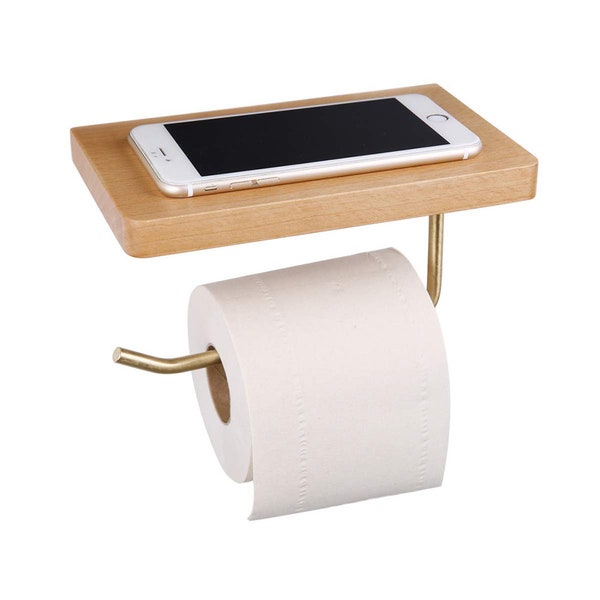 Wood and Brass Toilet Paper Roll Holder with Phone Shelf  - Toilet Paper Storage Bathroom Décor