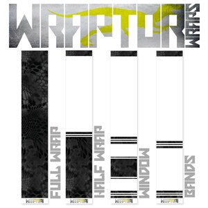 May include: A set of five arrow wraps with different designs. The wraps are black and white with a camouflage pattern. The wraps are labeled "Full Wrap", "Half Wrap", "Window", "Bands", and "Wraptor Wraps".