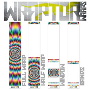 May include: A set of four arrow wraps featuring a colourful, swirling, psychedelic pattern. The wraps are labelled "Full Wrap", "Half Wrap", "Window", and "Bands".