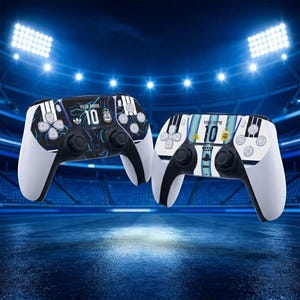 May include: Two white and black gaming controllers featuring custom graphics. The left controller has a dark blue marbled pattern, while the right has light blue vertical stripes. Both display the text YOUR NAME, the number 10, and a small crest.