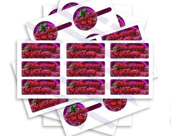 Cherry Glue Sticker Label Set - High Gloss - 2oz Tamper Proof Glass Jar Labels - Includes a Includes Lid & Side Label Stickers