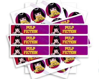 Pulp Fiction Sticker Label Set - High Gloss - 2oz Glass Jar Labels - Incluye una tapa incluye pegatinas de tapa y etiqueta lateral
