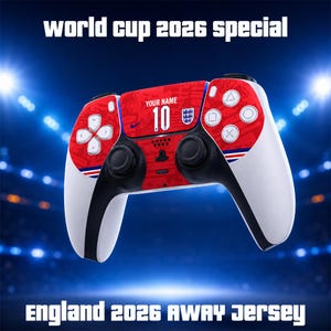 May include: A white and red gaming controller featuring a custom England football theme. The centre panel displays the text 'YOUR NAME' above the number '10' and an England crest. The top text reads 'world cup 2026 special' and the bottom 'ENGLAND 2026 AWAY JERSEY'.