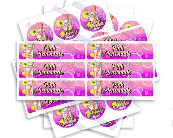 Pink Lemonade Sticker Label Set - High Gloss - 2oz Glass Jar Labels - Includes a Includes Lid & Side Label Stickers