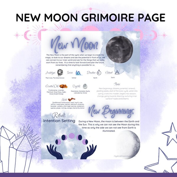 New Moon Grimoire Page, Book of Shadows, BOS Sheets, New Moon Magic, Digital Download, Printable Grimoire, BOS Pages, Witchcraft, Pagan