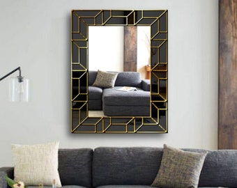 Atticus Handcrafted Art Deco Glam Wall Mirror with Black and Gold Frame