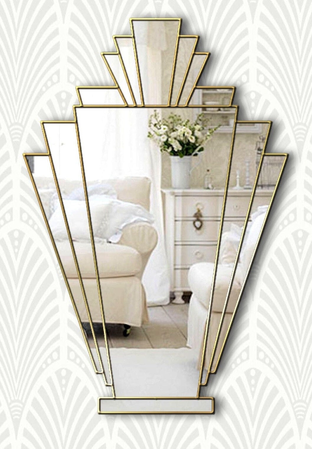 Babushka Art Deco Handmade Fan Wall Mirror in Either Gold, Silver or