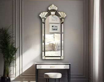 Art Deco Amelia Dekorativer Wandspiegel in Creme & Schwarz