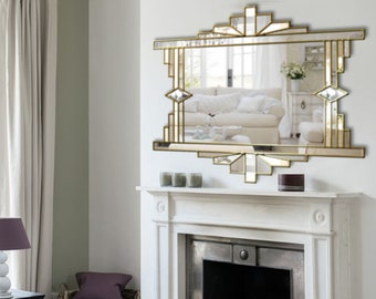 Handmade Mia Art Deco Over Mantle Wall Mirror in Gold