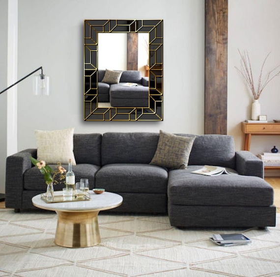 Atticus Handcrafted Art Deco Glam Wall Mirror with Black and Gold Frame