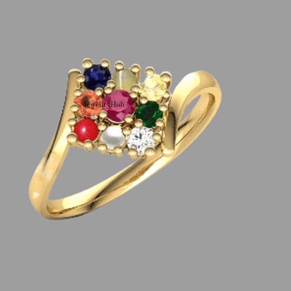 Multi Colorful Nine Gemstone Ring Natural Certified Navratna 9 Nine Gemstone Ring Copper Panchdhatu 14k Gold Filled Handmade Ring For Unisex