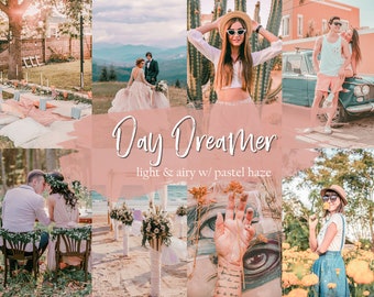 May include: A collage of images featuring a wedding ceremony, a couple posing for photos, a woman wearing a straw hat and sunglasses, and a woman standing in a field of yellow flowers. The text "Day Dreamer" is written in white on a pink background with the words "light & airy w/ pastel haze" below it.