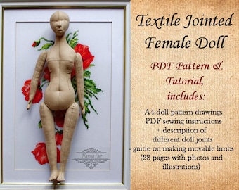 Cloth female doll pattern and sewing tutorial Jointed fabric doll DIY