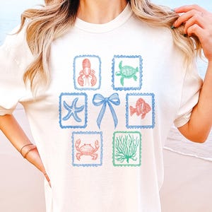 Camisa de playa con estampado náutico, diseño de vida marina, camisa oceánica para verano, camisa náutica, camisa de langosta, camisa con estampado de playa para mujer