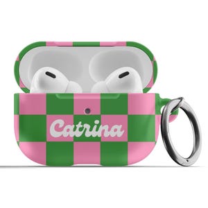 チェッカー Airpod ケース かわいい Airpod Pro ケース、Y2K レトロ美的パターン、ピンクとグリーンのチェッカーボード