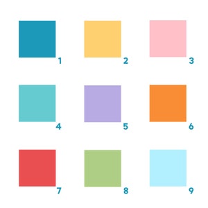 May include: A 3x3 grid of nine coloured squares. The squares are in shades of teal, yellow, pink, turquoise, lilac, orange, red, green, and light blue. Each square is labelled with a number from 1 to 9.