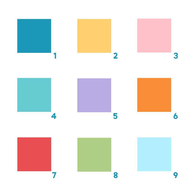 May include: A 3x3 grid of nine coloured squares. The squares are in shades of teal, yellow, pink, turquoise, lilac, orange, red, green, and light blue. Each square is labelled with a number from 1 to 9.